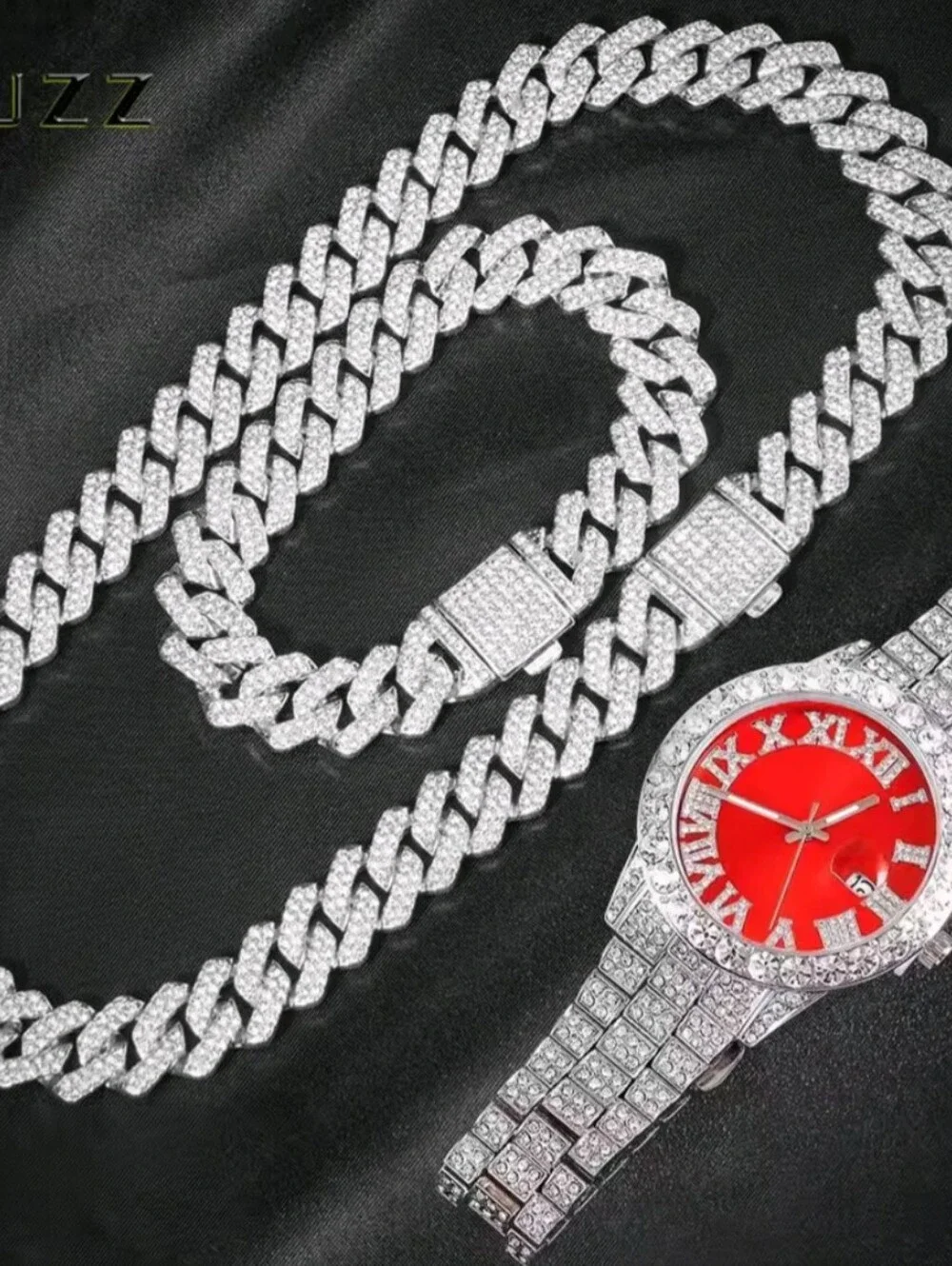 Men/Women's 3Pcs Cuban Chain Miami Curb Iced Out Rhinestone Set